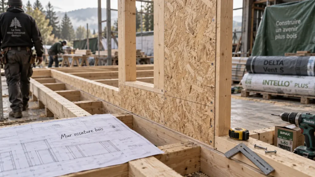 Mur ossature bois : 40 à 60 cm entre montants et 4 couches à respecter