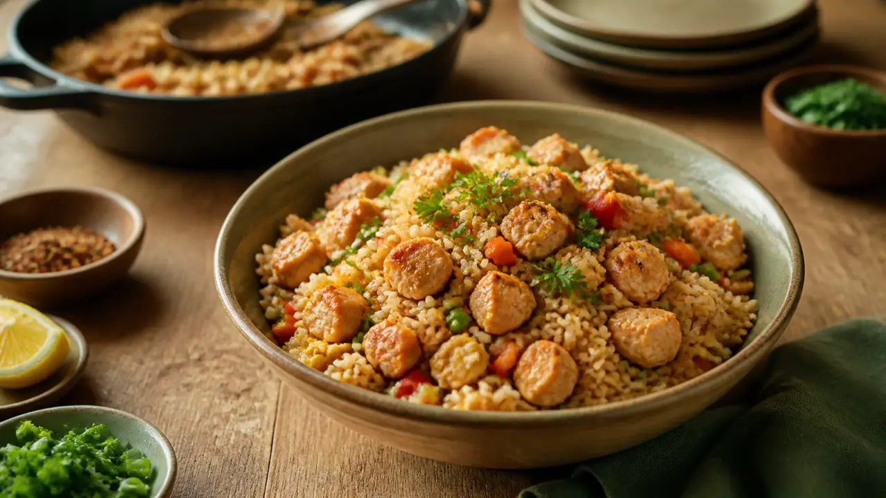 Que manger avec du riz : bol riz sauté poulet et légumes, sauces