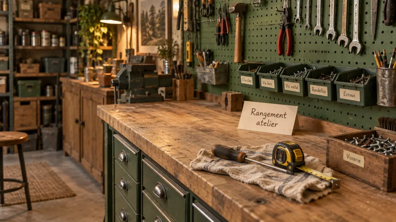 Rangement atelier : outils rangés sur mur, sol et établi