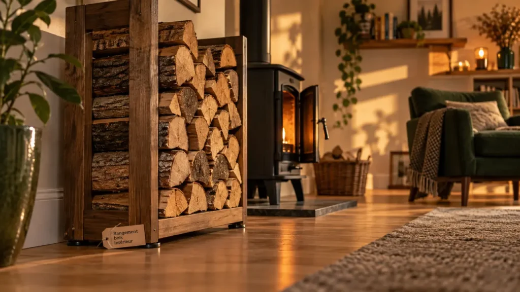 Un rangement bois intérieur garde les bûches à portée de main sans alourdir le salon