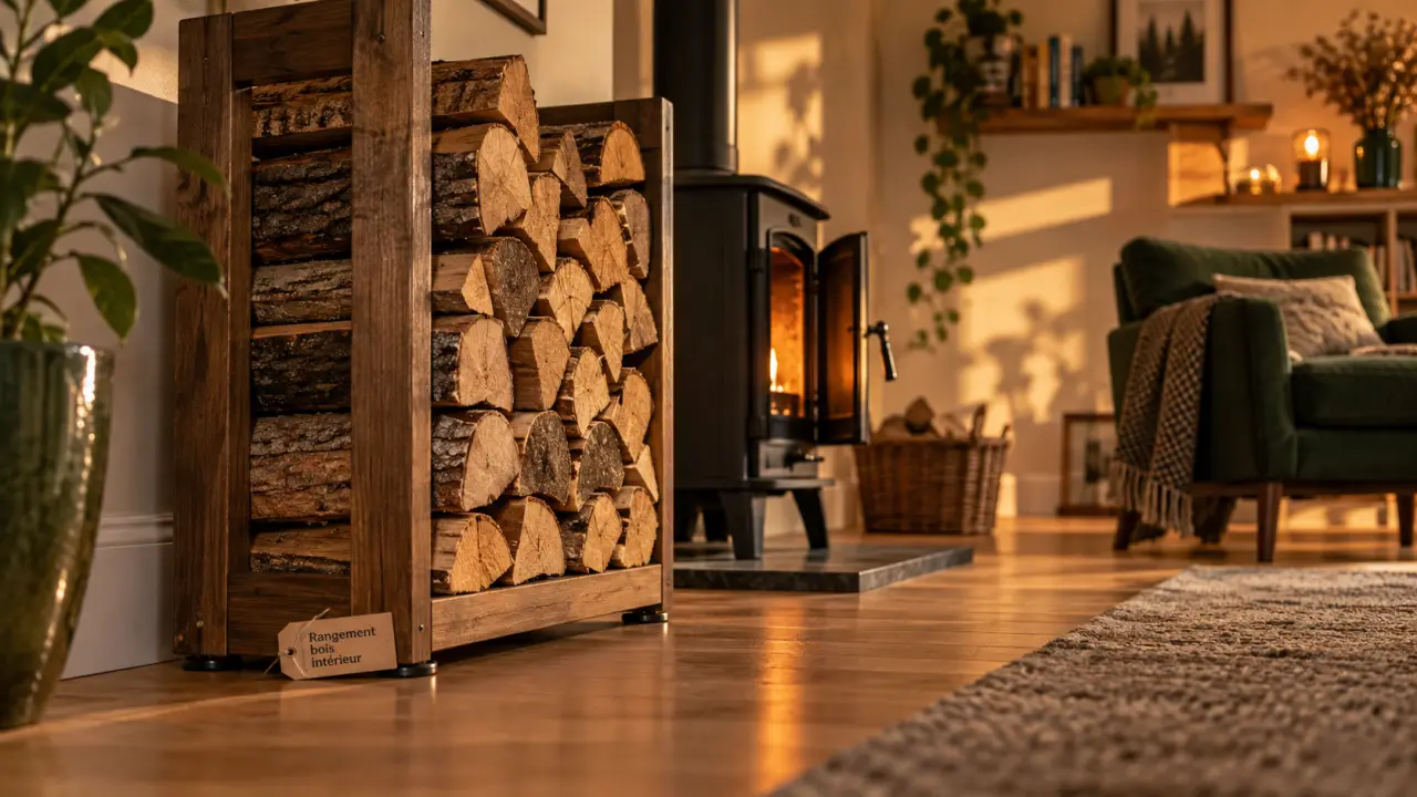 Rangement bois intérieur : range-bûches en bois massif, bûches empilées, intérieur