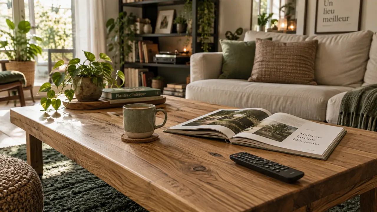 Table basse chêne en salon lumineux, bois naturel
