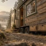 Tiny house definition : vraie maison compacte sur remorque, bois, fenêtre, forêt brumeuse