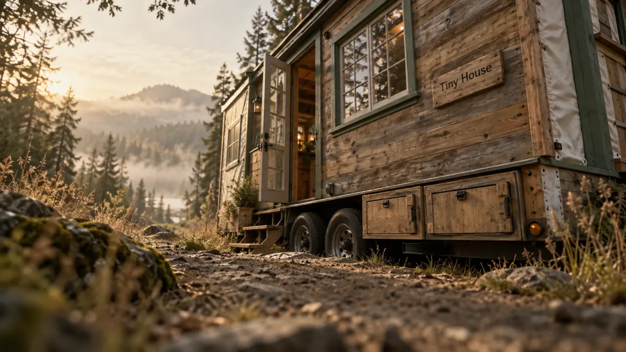 Tiny house definition : vraie maison compacte sur remorque, bois, fenêtre, forêt brumeuse