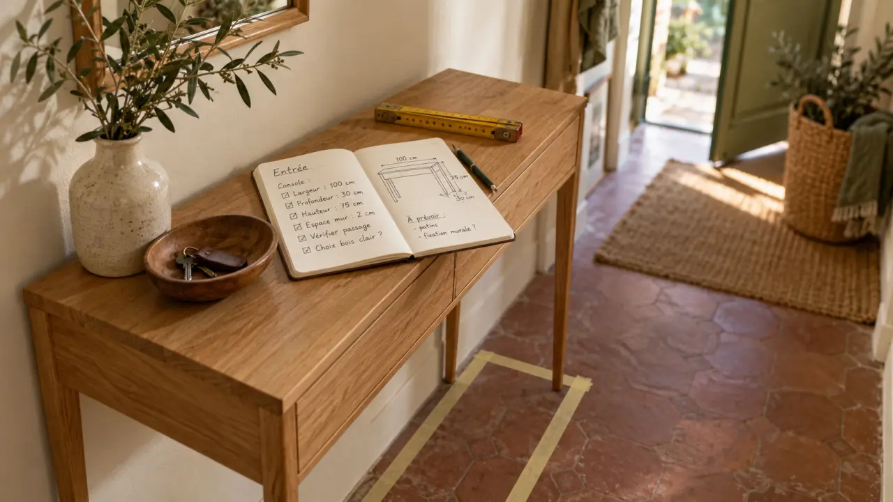 console en bois maison du monde en bois clair, entrée lumineuse