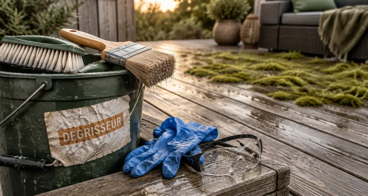 Dégriseur bois fait maison : brosse sur terrasse en bois grisé mouillé
