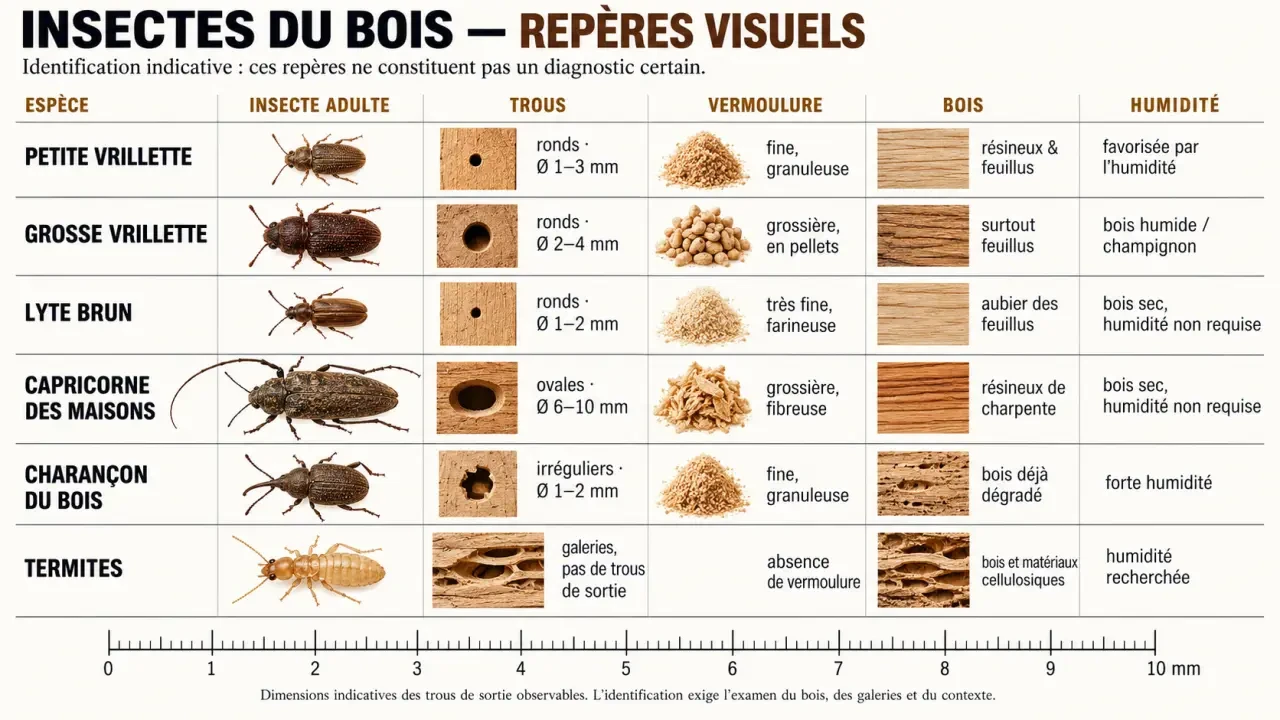 Maison petit insecte bois : infographie des trous, vermoulures et indices des principales espèces xylophages