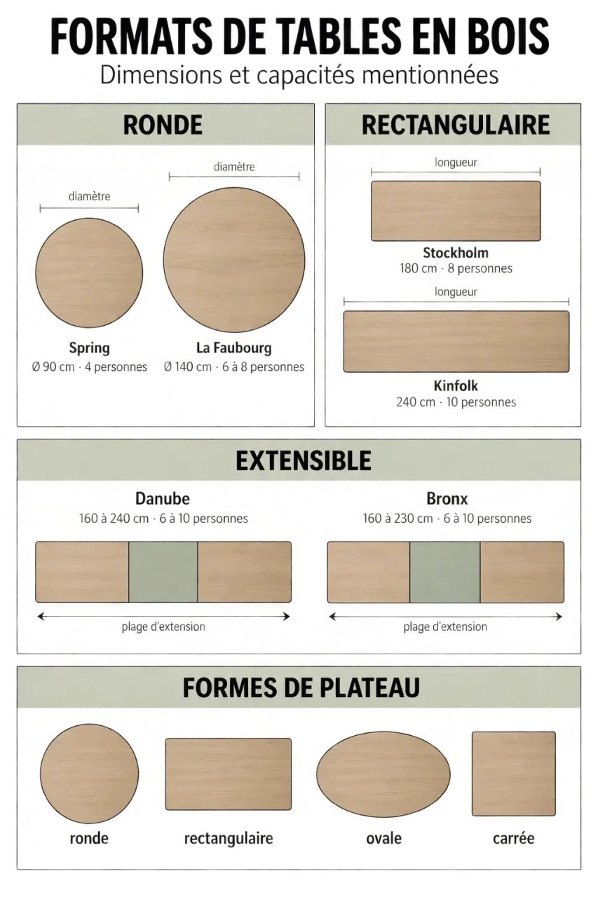 Infographie comparative de tables en bois Maisons du Monde selon la forme, les dimensions et le nombre de personnes