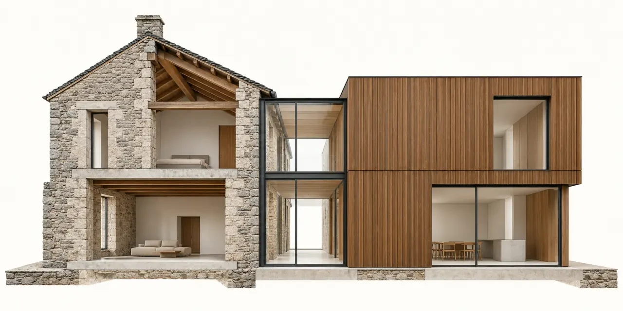 Extension bois maison ancienne en pierre avec liaison vitrée et bardage contemporain