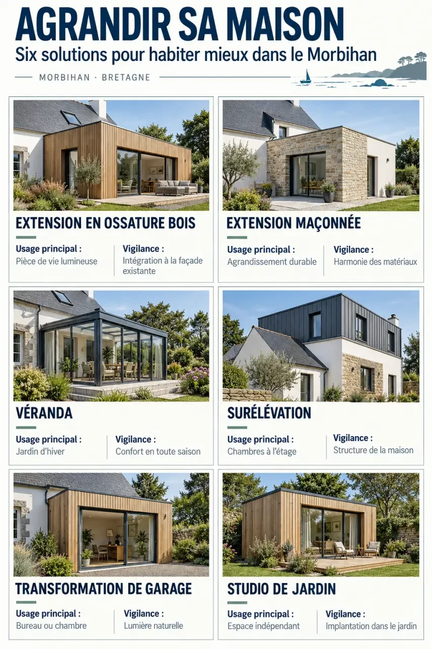 Extension maison Morbihan : solutions d’agrandissement comparées, du bois à la surélévation