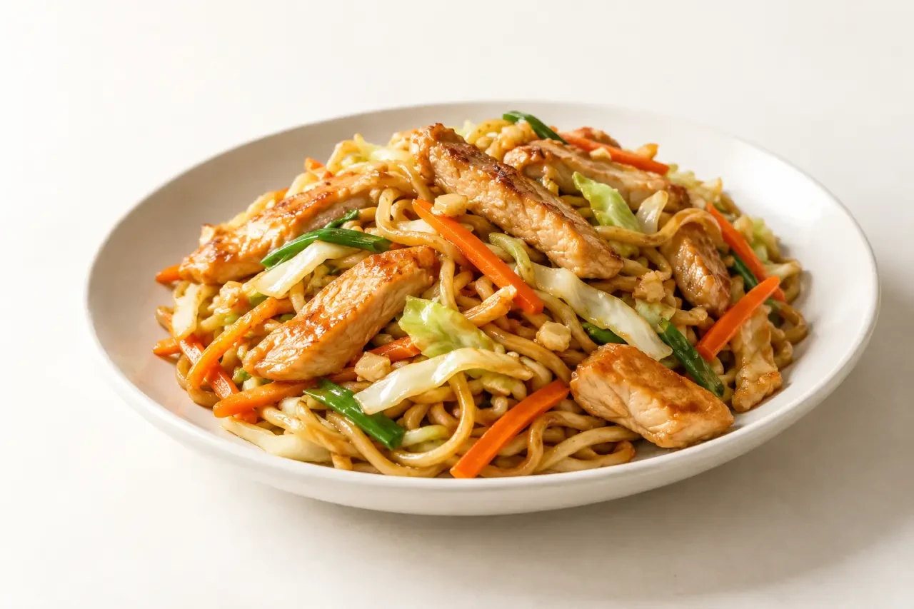 Recette de cuisine chinoise traditionnelle : nouilles sautées au poulet avec carotte et chou