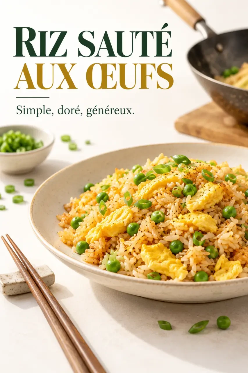 Recette de cuisine chinoise traditionnelle : riz sauté aux œufs servi avec ciboule et petits pois