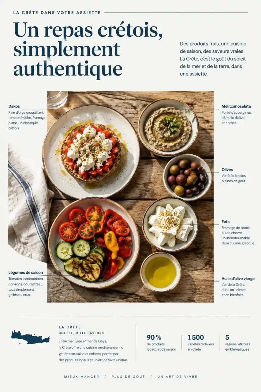 La cuisine crétoise : dakos, melitzanosalata, olives et huile d'olive vierge sur une table en bois