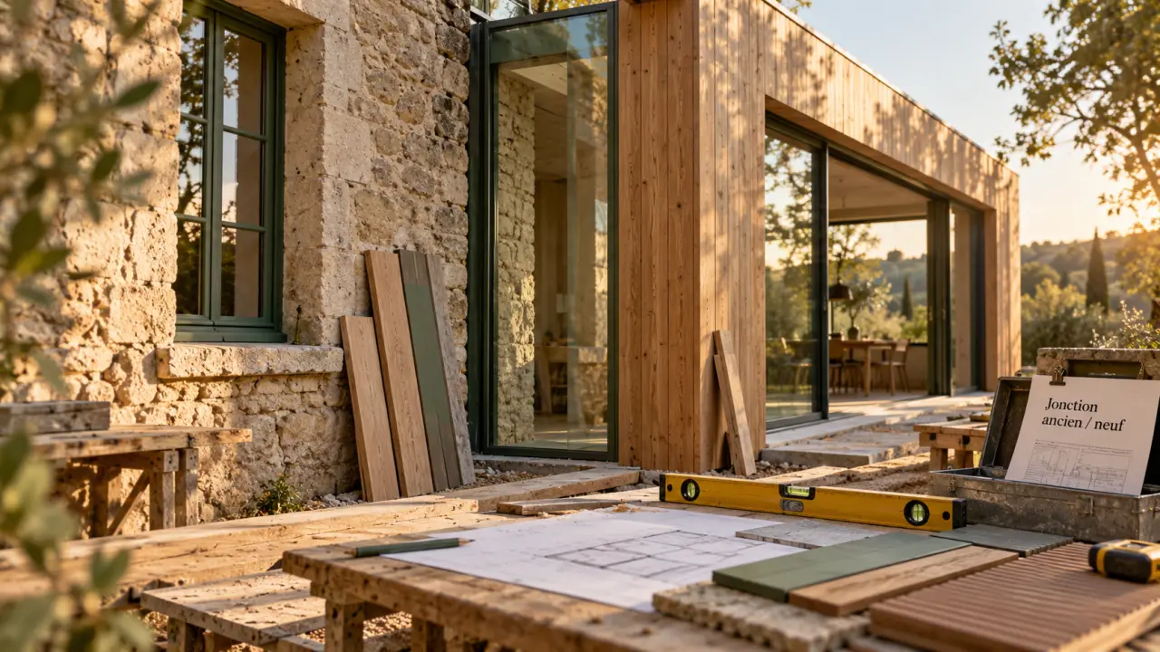 Extension bois maison ancienne : jonction pierre et ossature bois sur chantier