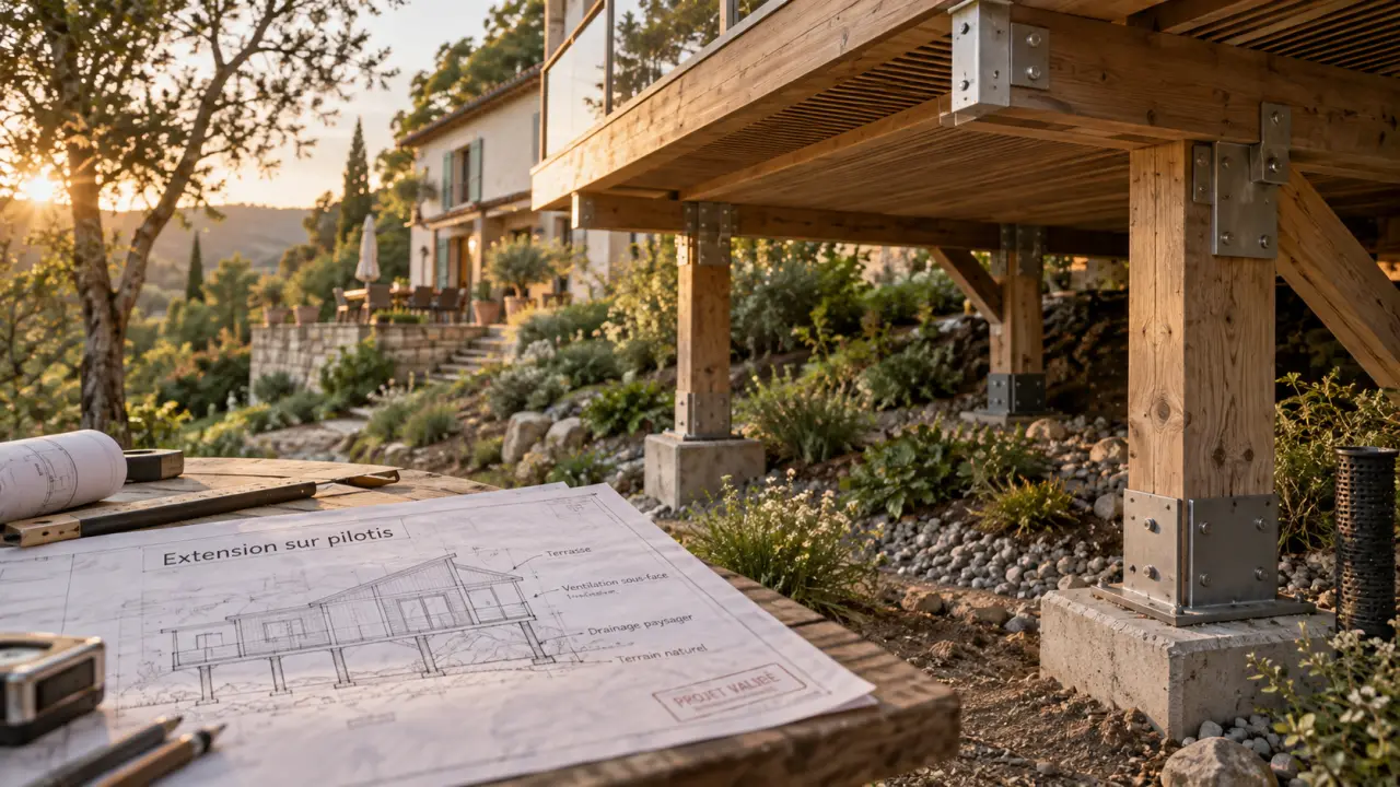 Extension maison sur pilotis, plancher bois isolé sur sol en pente