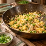 Recettes cuisine chinoise traditionnelle : riz sauté aux œufs, sans wok, plan rapproché.