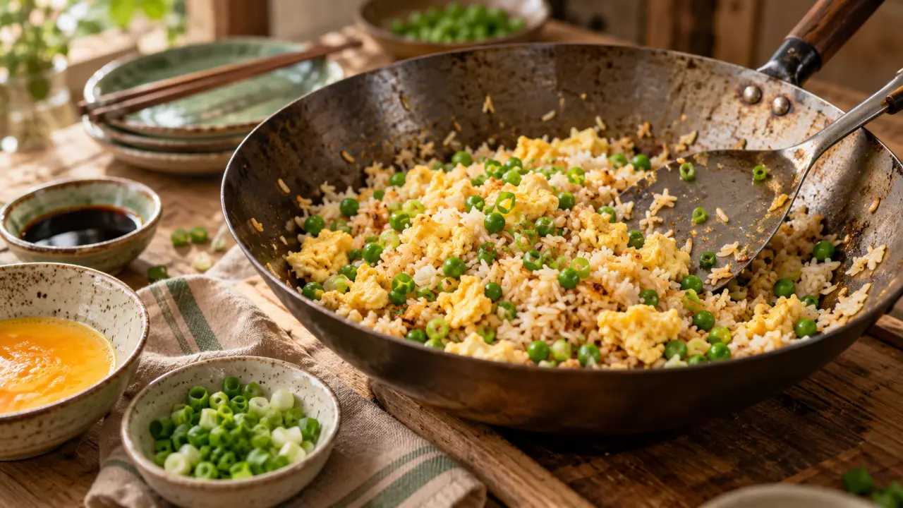 Recettes cuisine chinoise traditionnelle : riz sauté aux œufs, sans wok, plan rapproché.